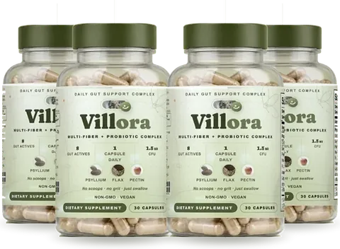 4 bottles of Villora vegan gut support capsules