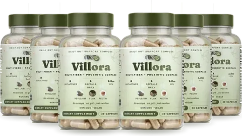 6 bottles of Villora vegan gut support capsules