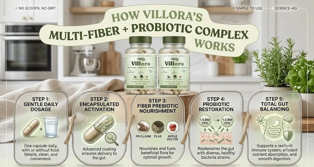 How Villora's multi-fiber and probiotic complex works, in five steps
